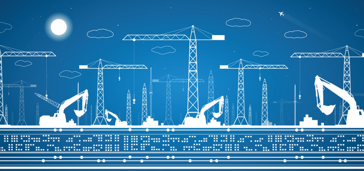 Construction panorama, industrial landscape, building cranes, vector lines design