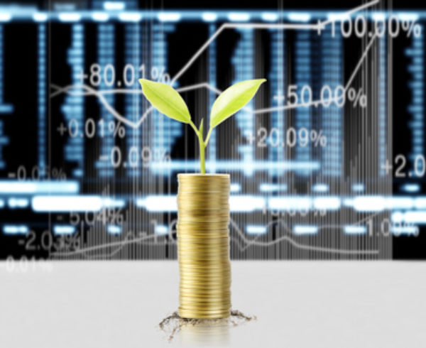 Gold coins stacked as a graph, with a plant growing from the tallest pile